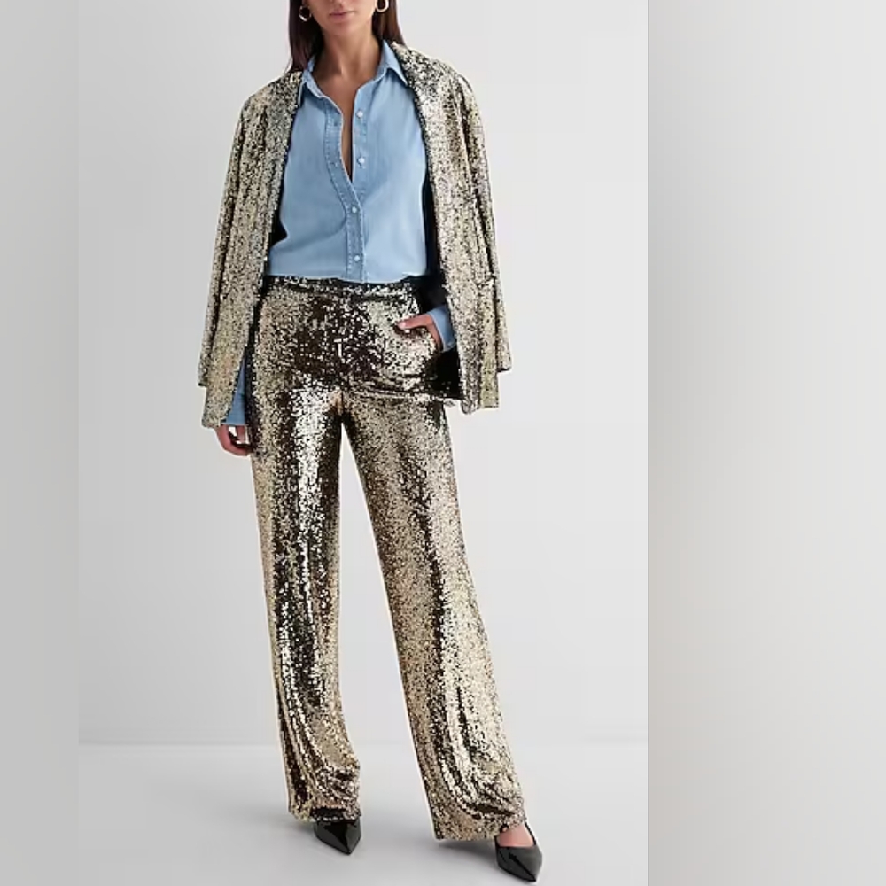 EXPRESS: High Waisted Sequin Wide Leg Trousers - Picture 4 of 6